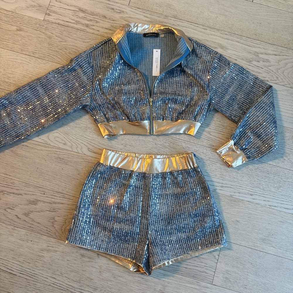 Denim gold sequin jacket and shorts set size medium - Picture 2 of 5